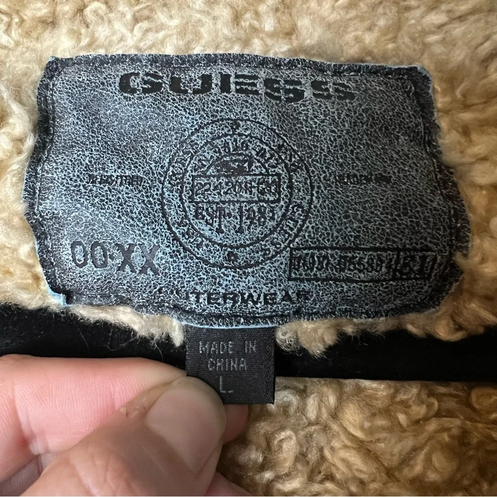 Guess Men’s Vintage Leather Sherpa Lined Trucker Jacket Distressed Gray Y2K Sz L